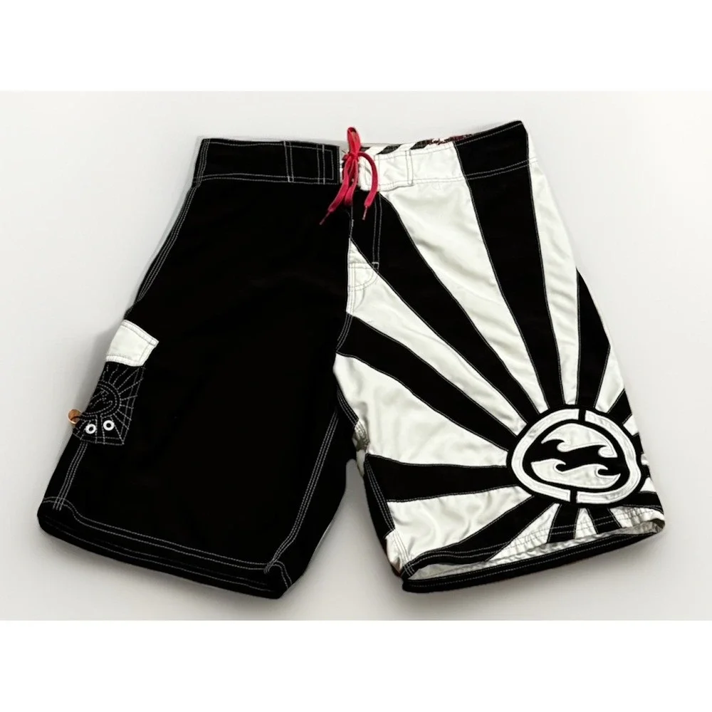 Vintage Billabong Andy Irons Rising Sun Board Shorts Black White 34 OG 90s Y2K